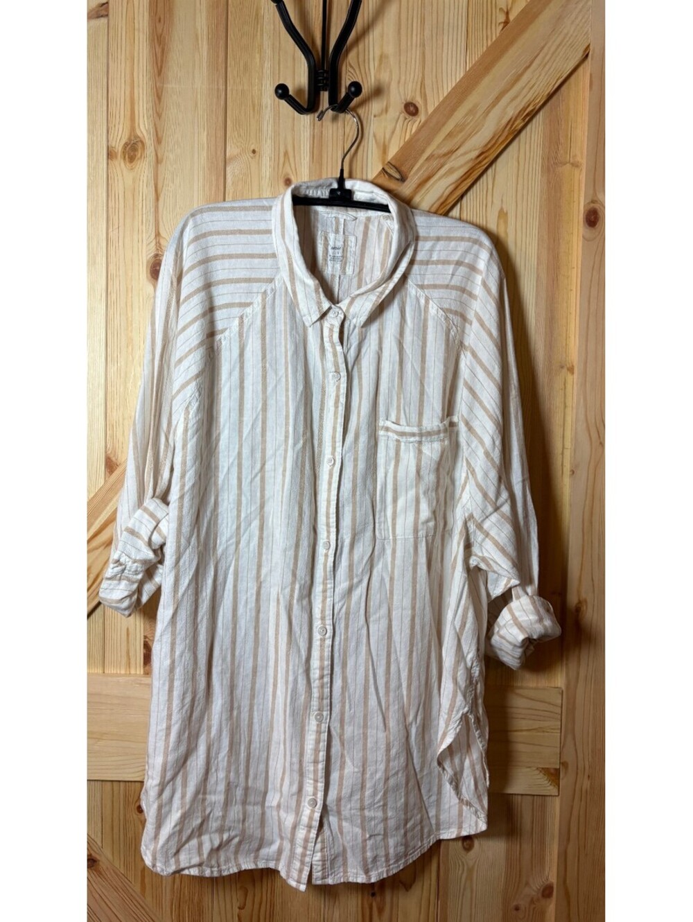 Aerie Large Beige and White Striped Button-Up Shirt